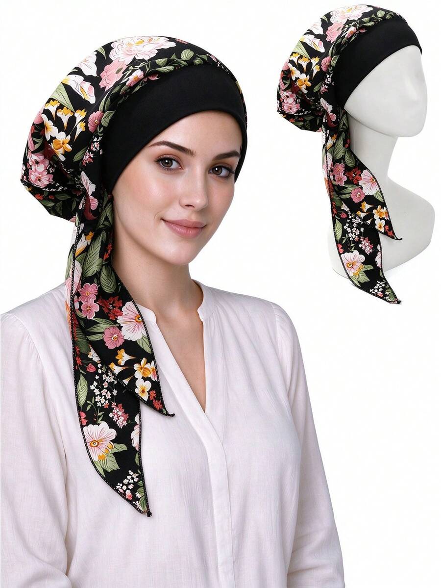 CONFLASS Floral Pre‑Tied Turban Hijab Cap,Soft Stretch Inner Bonnet With Long Printed Scarf, Muslim Headscarf Chemo Headwear For Hair Loss,Daily Head Wrap - Multicolor - View 1