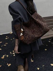 Tas Tote Suede Motif Leopard Wanita, Tas Bahu Besar, Gaya Vintage Bohemian, Cocok untuk Kerja, Perjalanan, dan Perjalanan Sehari-hari (Tanpa Liontin) - Coklat - View 3