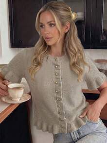 Women's Spring/Autumn Loose Vintage Fashion Short Sleeve Knit Cardigan, With Ruffle Design And Metal Buttons, Elegant Soft Sweater - Camel - View 12