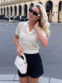 Solid Color Semi-Sheer Mesh V-Neck Collared T-Shirt For Women, Elegant, Sexy, American Style, Versatile For Commute & Date, Short Sleeve, Summer White Spring - White - View 2