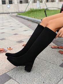 Women's Knee-High Boots, Straight Shaft With Contrast Stitching, Elastic, No Pattern, Square Toe, Side Zipper, Block Mid-Heel, Minimalist Elegant Style, Suitable For Evening Party, Casual Gathering, Commuting, Party, Autumn/Winter - Black - View 5