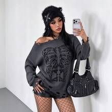 HOMEYEE Women's Autumn/Winter Distressed Skull Jacquard Half-High Neck Sweater, Gray Base With Contrast Color Trim Hem, Loose Lazy Pullover Knit Top For Halloween - Grey - View 9