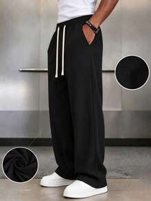 Men's Wear; 1 Pair Men's Loose Fashion Sports Long Pants, Minimalist Solid Color Wide Leg Casual Fit, Drawstring Waist Design, Large Pockets, Suitable For Daily Walking, Work, Travel And Other Occasions. A Perfect Father's Day Gift For Dad - Black - View 2