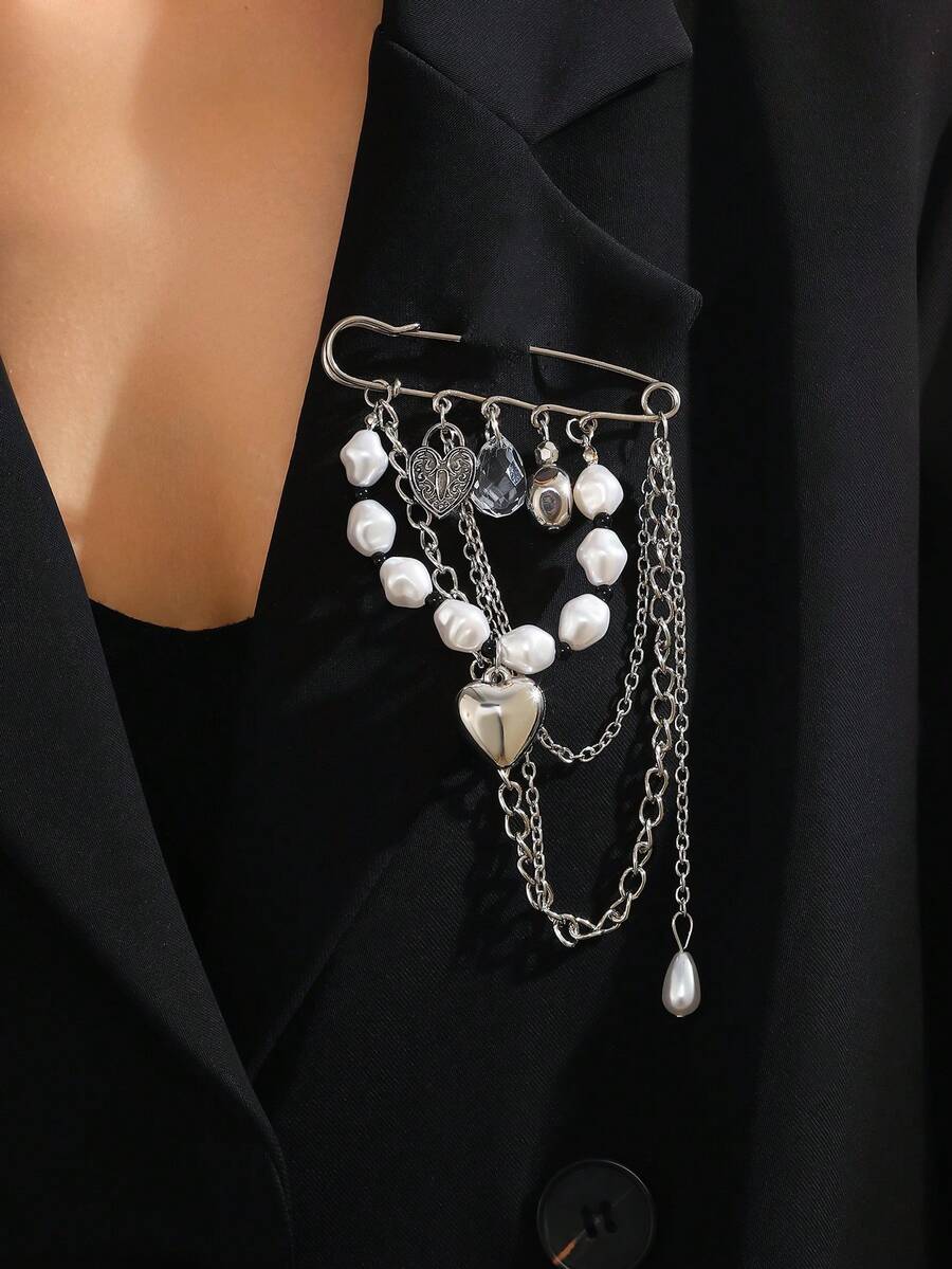 1pc Sweet Cool Style Faux Pearl Heart Tassel Brooch, Vintage Jeans Tightening Universal Pin - Gold - View 1