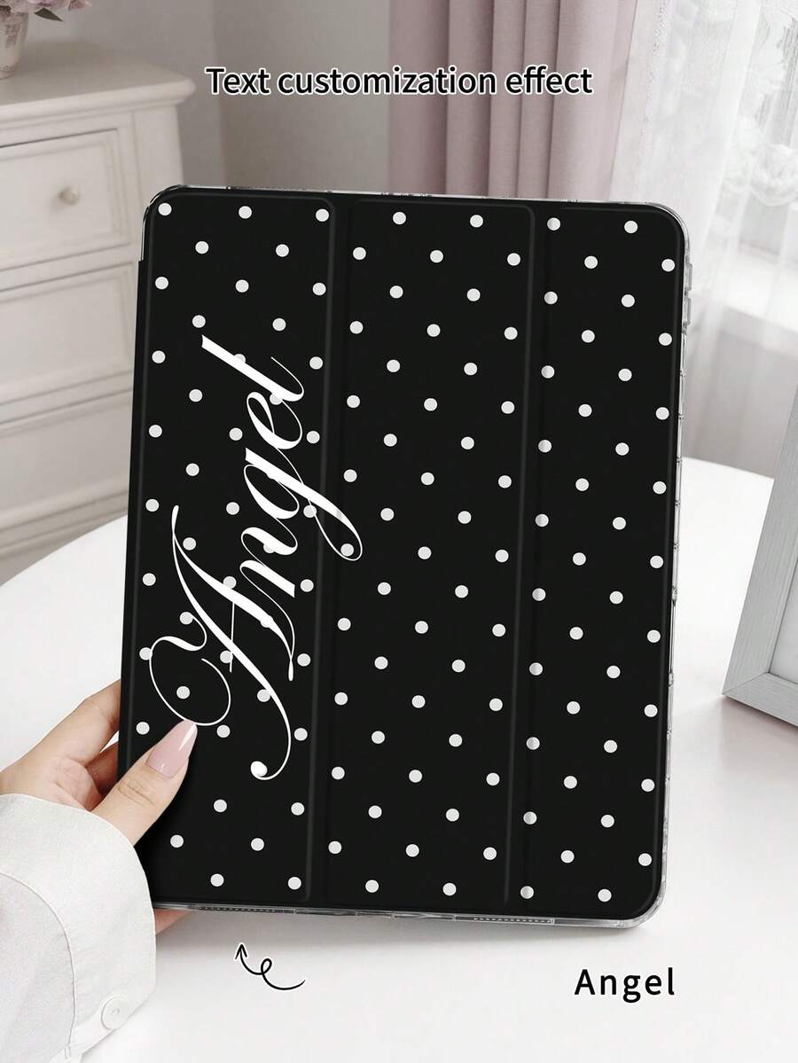 黑色波點平板保護殼,可客製文字/個性化文字,適用於 iPad Mini6/Mini7/10.2/10.5/10.9 (Air4-Air8)/Pro 11/10th Gen/A16/Pro 11 2024 機型,彩繪圖案平板殼,全透明壓克力背殼,三折支架,自動休眠/喚醒,內建筆槽,不含筆,部分機型附相機框 - 黑色 - 查看 1