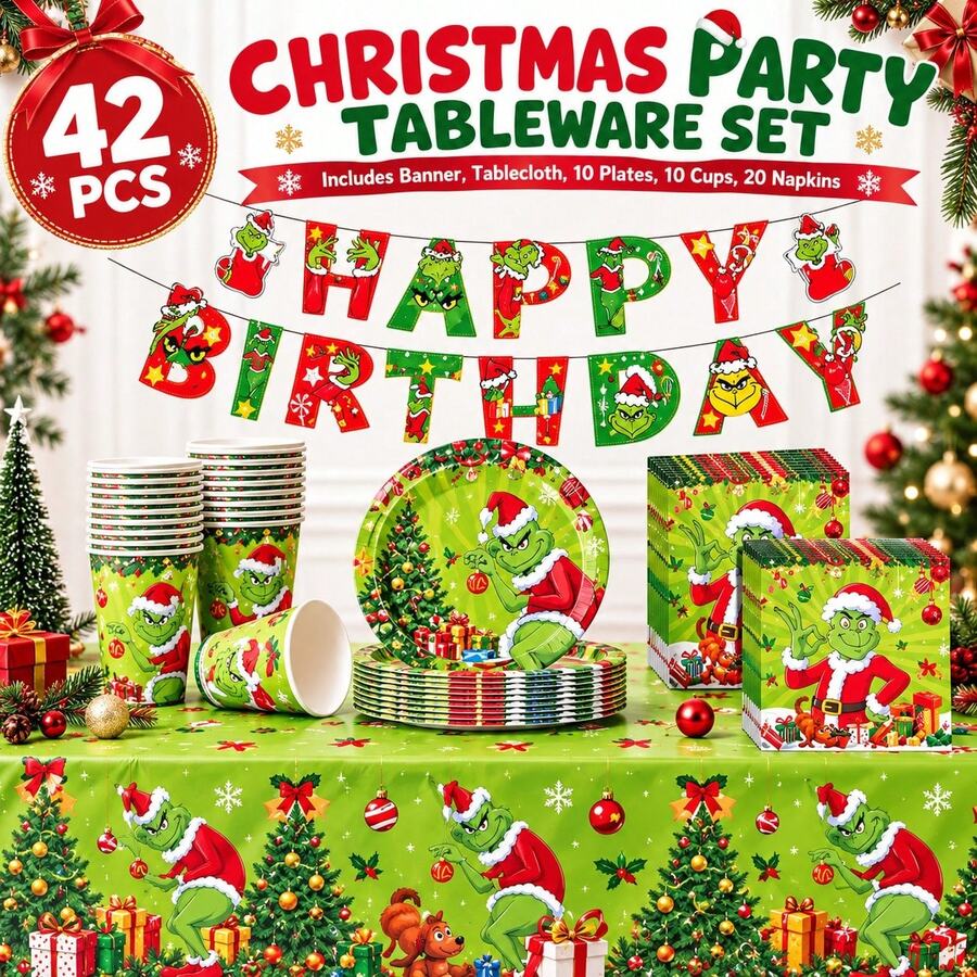 The Grinch Officially Licensed The Cartoon Theme Party Tableware Set, Decoration Set, Newborn Party Birthday Party, Photography Studio Decor Props, Halloween Tableware, Christmas Tableware, New Year Tableware, Holiday Tableware, Disposable Tableware - View 1
