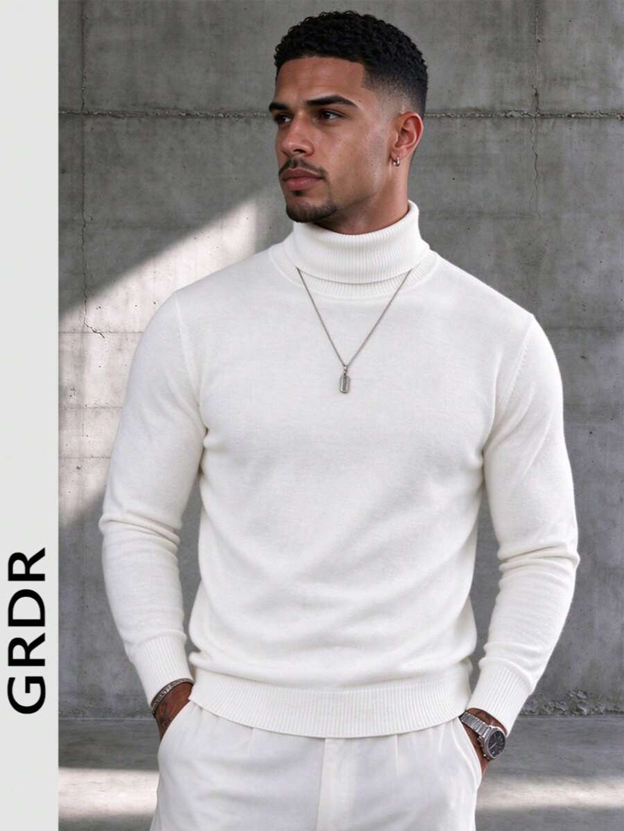 GRDR Men's New Autumn/Winter High Neck Long Sleeve Knit Sweater - White - View 1