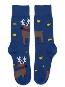 1 Pair Men's Christmas Reindeer Mid-Calf Socks, Warm And Thick For Autumn/Winter Wear, Navy Blue Base With Cute Reindeer And Gold Star Pattern, Fun Holiday Style, Suitable For Home Casual Wear, Creative Christmas Gift Socks - Multicolor - View 6