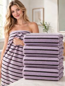 4pcs-Vintage Striped Towel Set, Ultra-Fine Microfiber Fabric, Fluffy And Soft, Highly Absorbent, Quick-Drying And Lint-Free. Minimalist Classic Striped Design, Includes Bath Towel And Face Towel, Fine Hemming Durable To Washing, Can Wrap Around The Body, Suitable For Home Bathroom Daily Bathing Use, Combining Practicality And Minimalist Aesthetics. - Striped - View 4