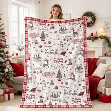 1pc White Background Red Plaid Border Christmas Reindeer Snowman Tree Print Flannel Throw Blanket, Holiday Sofa Blanket - Multicolor - View 10