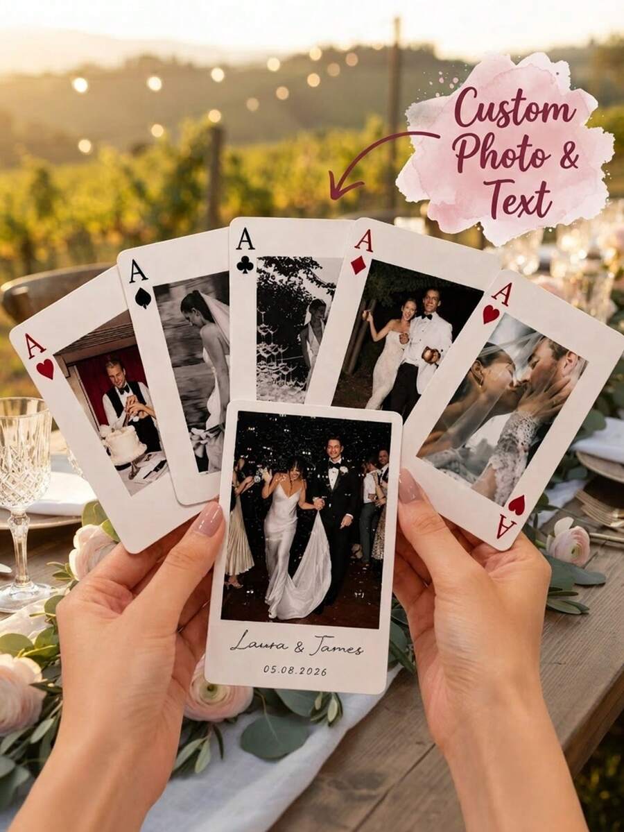1pc Personalized Photo & Text Wedding Playing Cards, Custom Name & Wedding Date Printed Poker, Groom & Bride Newlyweds, Guest Party Favor - Multicolor - View 1