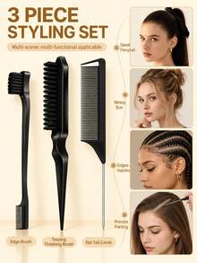 4pcsWooden Tail Comb & Brush Set, Made Of Soft Bristles And ABS Material, Can Smoothen Hair, Suitable For Home And Salon Hair Care And Styling, Travel, Detangling - Multicolor - View 3