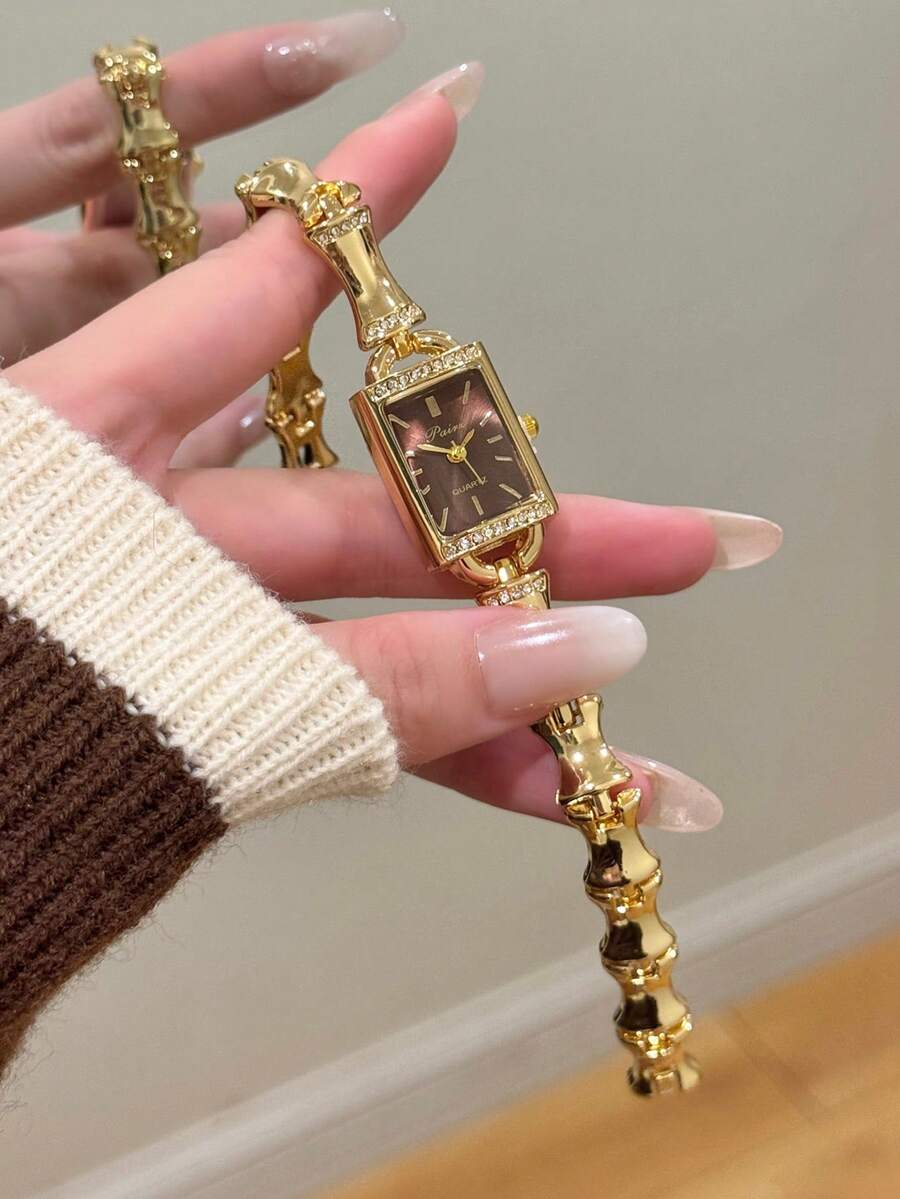 1pc Fashionable Gold Women's Watch, Brown Dial, Rhinestone Bezel, Elegant Design, Suitable For Daily Wear, Party And Gift - Gold - View 1