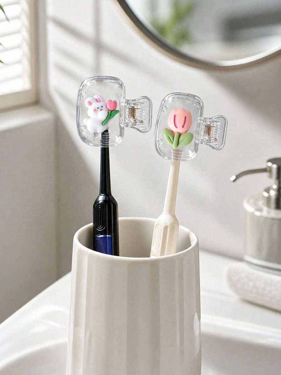 Cute Cartoon Rabbit And Flower Pattern Toothbrush Covers, Rabbit Theme Toothbrush Head Protector, With Ventilation Holes, Keep Toothbrush Head Clean And Dry, Compact And Portable, Essential For Home, Dorm, Vacation And Travel, Suitable For Birthday, Back To School, Business Trip, Party, Back To School And Other Occasions, Perfect Easter, Birthday, Christmas, Valentine's Day, New Year, Wedding Gift