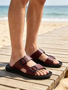 New Summer Vacation Style Men's One-Strap Slide Sandals, Fashion Casual Indoor/Outdoor Dual-Use Comfortable Open-Toe Flat Sandals - Red Brown - View 1