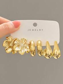 3-9 Pairs Thick Gold Plated Earrings Set, Women's Hypoallergenic Thick Gold Earrings, Multi-Element New Fashion Earrings Set - Gold - View 6