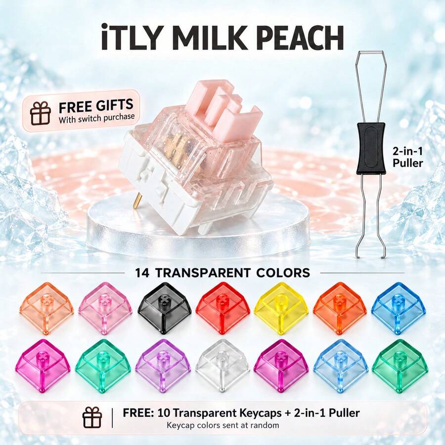Saklar Milk Peach 5 Pin Linear Pra-Lubus 42gf 50 90 100 Pcs Thocky Creamy Marbly Dengan 10 Tutup Tombol Bening Acak Dan Alat Pencabut 2-in-1 Untuk Keyboard Mekanik DIY