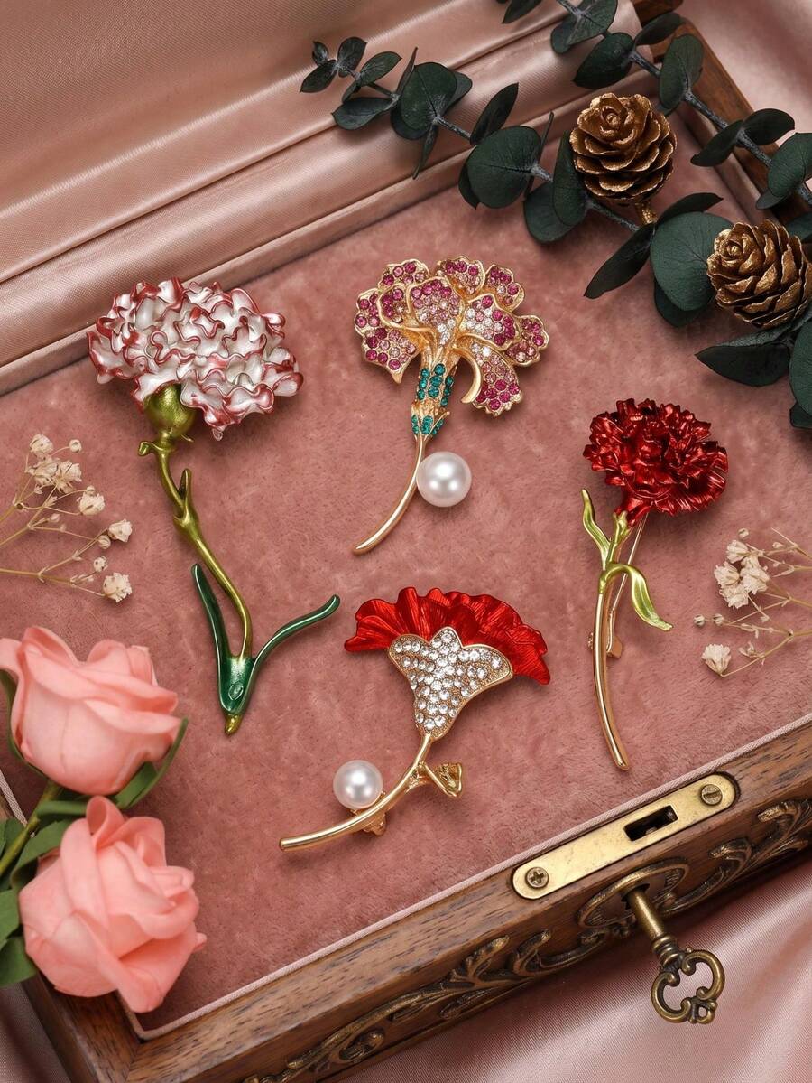 Luxury Enamel Rhinestone Carnation Brooches - Flower Pins For Women Unisex Mother's Day Jewelry Accessories Gifts Badges Decoration