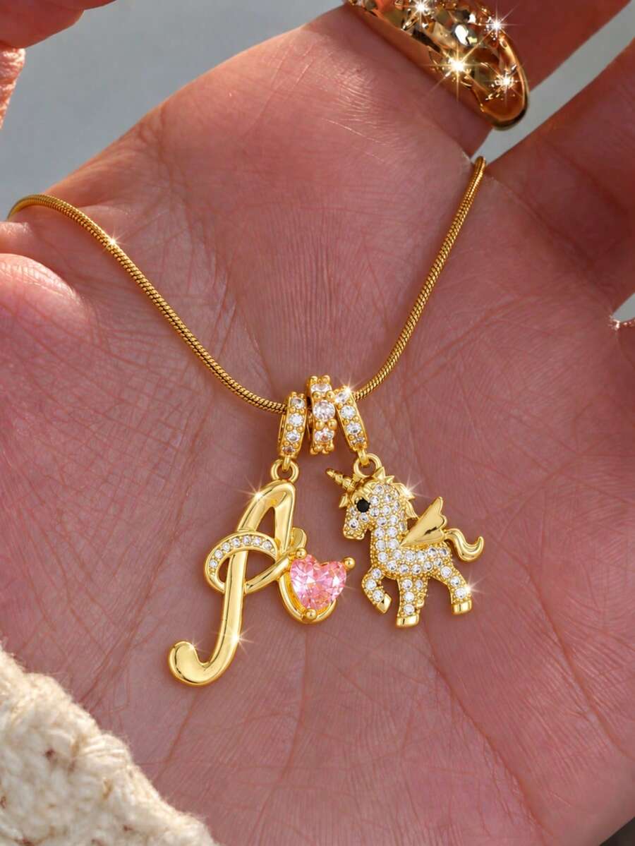 1pc Girls Initial A-Z Unicorn Pendant Necklace Pink Heart Sparkling Rhinestone Gold Tone Snake Chain Kids Jewelry For Birthday Party Daily Wear Gift - Gold - View 1