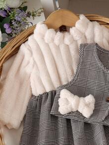 2pcs Baby Girl Cute Comfortable Plaid Vest & Plush Patchwork Plaid Long Sleeve Dress Set, Autumn/Winter - Apricot - View 8