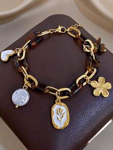 Bohemian Tortoise Shell Chain Gold Flower Pendant Women's Fashion Versatile Bracelet, Suitable For Daily, Casual, Travel Wear - Multicolor - View 4
