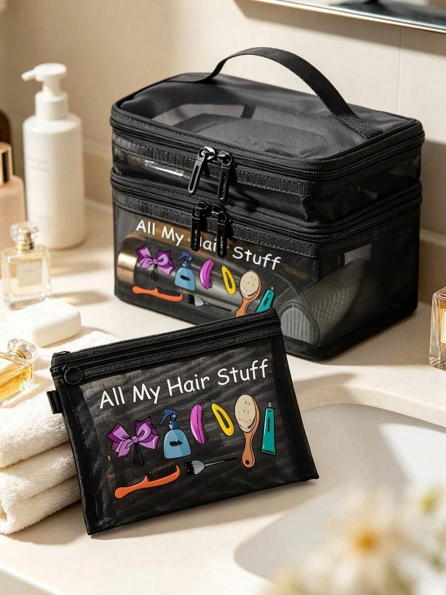 Mesh Makeup And Grooming Storage Bag, Printed With The "All My Hair Stuff" Pattern, Paired With The Same Mesh Portable Storage Bag,Double-Layer Transparent Toiletry Storage Bag,Travel And Business Trip Toiletry Portable Storage Bag - Multicolor - View 1
