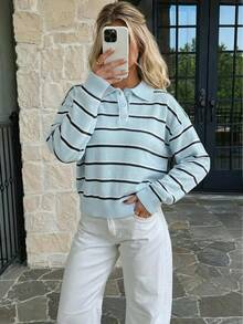 Women's Casual Fashion Autumn/Winter Colorblock Striped Polo Collar Long Sleeve Loose Button Ribbed Short Sweater, American Vintage Style Fall - Blue - View 2