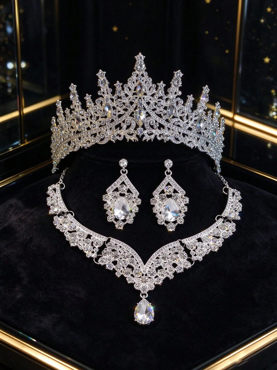 Wedding Fashion Jewelry Set Bridal Accessories Rhinestone Crown Gorgeous Necklace Earrings 4pcs Wedding Dress Party Halloween Use