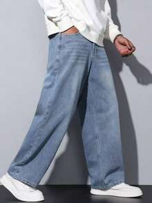 Men's Y2K Loose Oversized Light Blue Wide Leg Jeans - Blue - View 4