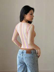 Women's Fashion Versatile Design Contrast Color Striped V-Neck Sexy Minimalist Sexy Daily Street Commute Vacation Casual Striped Top - Multicolor - View 7