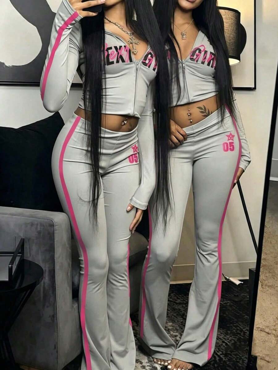 Autumn Street Style Sports Set Women Printed Long Sleeve Top + Sweatpants Fitness Workout Outfit - Grey - View 1