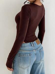 Women's Dark Brown Long Sleeve Bodysuit, Knitted Fabric Mid-Stretch Slim Fit One-Piece - Brown - View 4