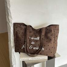 Autumn And Winter Vintage Leopard Print Letter Printed Tote Bag, Large Capacity Casual Simple Shoulder Bag, Fashionable And Versatile Handbag - Brown Polka Dot - View 3
