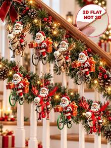 16/12/8/1pc 2D Flat Wooden Santa Claus Decoration, Reindeer Bicycle Santa Claus Hanging Ornament, Waterproof And Shatter-Resistant Christmas Tree Pendant, Santa Claus Reindeer Bicycle Gift Box Pattern, Suitable For Christmas Tree, Wreath, Window, Fireplace, Car Winter Holiday Decoration, New Year Party Gift - Santa Claus - View 7