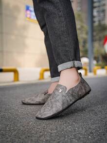 Men's Retro Slip-On Loafers, Gold Decor Soft Sole Flat Casual Shoes - Grey - View 1