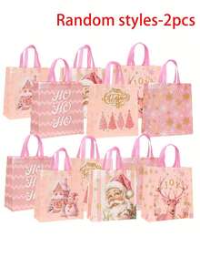 2pcs Pink Christmas Non-Woven Fabric Gift Bags With Handles, Printed With Santa Claus, Snowman, Reindeer And Gingerbread House Patterns, Comes With "Ho Ho Ho" Tags, Suitable For Birthday, Holiday Decoration And Candy Packaging - Multiple Styles - View 12