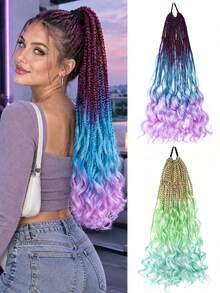 Color Gradient Braided Ponytail Hair Piece, Curly Wavy Ends Clip‑In Ponytail Extension For Women Party Daily Wear - Multicolor - View 2