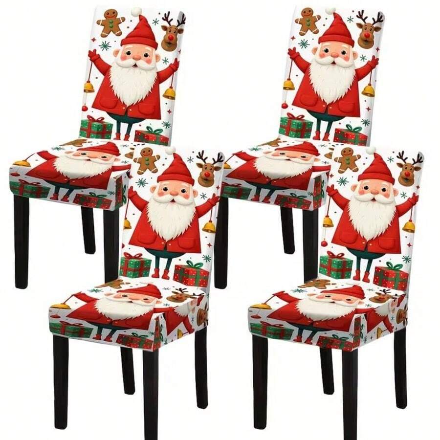 4pcs/6pcs Christmas Santa Claus Gingerbread Man Reindeer Print Elastic Dining Chair Covers, Removable Washable Stretch Chair Covers, Christmas Dining Room Home Decor - Multicolor - View 1
