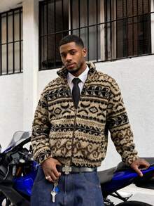 BLACKTOEXIT Men's Faux Lamb Fleece Jacket, Loose Fit Textured Fleece Streetwear Padded Coat, Autumn/Winter - Khaki - View 1