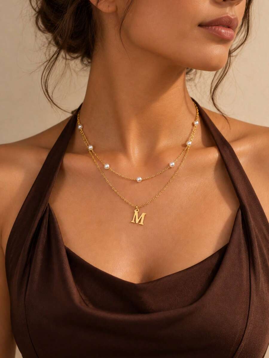1件新款經典不鏽鋼字母吊墜金屬多層鏈條項鍊，女款 - 金黃色 - 查看 1