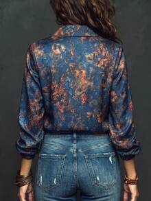 Women's Autumn Bohemian Print Button Satin Design Blouse, Comfortable Fashion Elegant Casual Versatile Commute Top, Autumn/Winter - Navy Blue - View 3