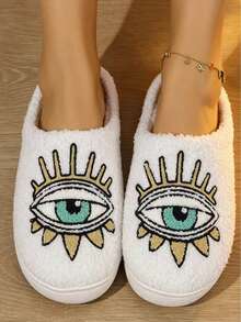 Autumn/Winter Thermal Slippers Halloween Eye Embroidery Print Indoor Home Closed-Toe Thermal Slippers - White - View 6