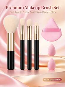 7PCS Makeup Brush Set Powder Brush Highlighter Brush Eyeshadow Brush Concealer Brush Mini Makeup Sponge Pink Triangle Powder Puff Beginner Portable Makeup Tools - Black - View 6