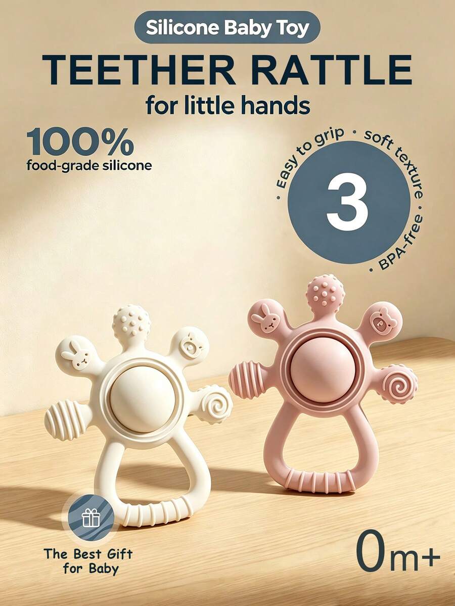 1pc 2-In-1 Silicone Baby Teether Rattle, Newborn Teething Toys, Cartoon Five-Finger Design Fits Baby's Biting Habit, Baby Shower Gift
