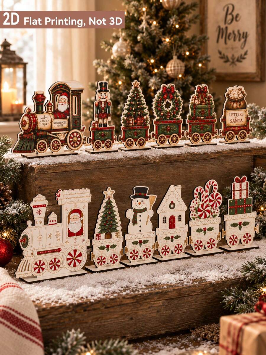 1 Set Vintage Christmas Train Desktop Decor, 2D Flat Printed Signs With Santa, Gingerbread Man, Snowman, Nutcracker, Christmas Tree, Wreath, Candy Cane, Gift House, Holiday Tabletop Display, Suitable For Fireplace Mantel, Shelf, Coffee Table, Farmhouse Style Winter Party Indoor Home Decor - Multicolor - View 1