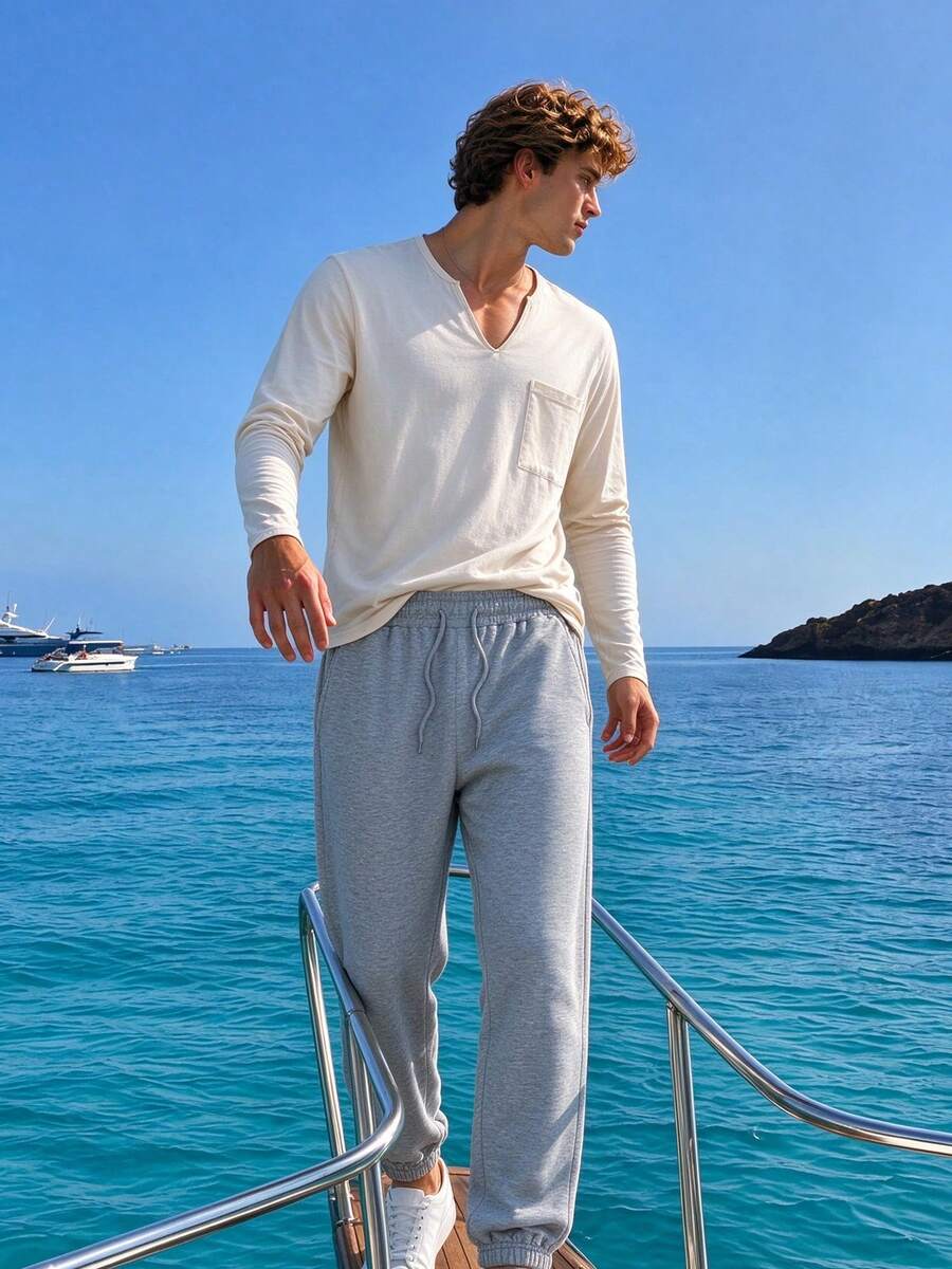 Camvyn Men's Spring/Autumn Thin Casual Versatile Comfortable Pocket Slim Fit Regular Shoulder V-Neck Long Sleeve T-Shirt And Casual Long Pants Set - Apricot - View 1