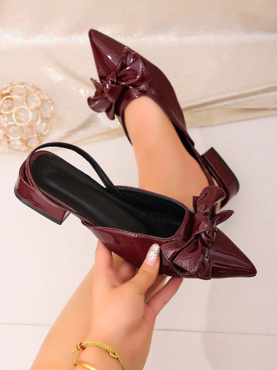 1 Pair French Style Pointed Toe Slingback Shoes, Large Bow Decor Low Heel Closed Toe Sandals, Elegant Atmosphere Women's Shoes, Suitable For Daily Commute, Evening Date, Semi-Formal Gathering, Afternoon Tea - Burgundy - View 1