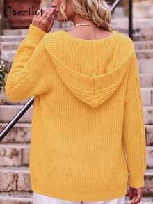 Plus Size Hooded Cardigan, Cable Knit Cardigan, Toggle Button Sweater, Fall Winter Knit Outerwear, Commute Outfit, Date Wear, Long Sleeve Knitwear - Orange - View 6