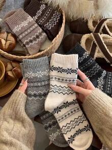 4 Pasang Kaos Kaki Kasual Lembut dan Hangat Seri Retro Cokelat Musim Gugur/Dingin - MultiWarna - View 2
