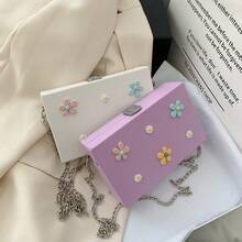 Solid Color PU Box Bag, Fashion Chain Asymmetrical 3D Flower Box Bag, Mini Crossbody Women's Small Square Bag, Small Flower Handbag - A - View 3